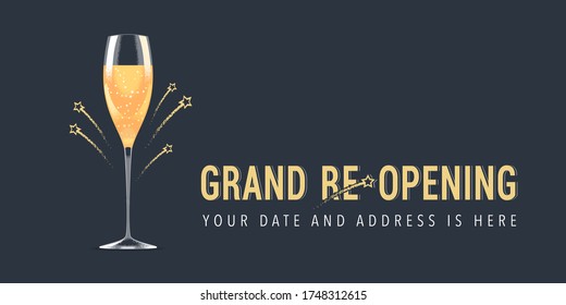 Grand opening or re opening vector illustration, background. Design element with glass of champagne for opening or re-opening ceremony