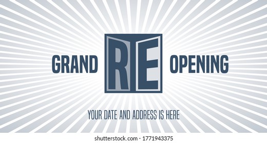 Grand opening or re opening vector illustration, background with open door. Template design element for opening or re-opening event can be used as banner
