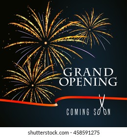 Gran Ilustración vectorial de apertura, fondo para nueva tienda, club, etc con fuegos artificiales y tijeras cortando cinta roja. Anuncio de Plantilla, volante, elemento de diseño, decoración para el evento de apertura, ceremonia