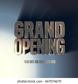 Grand opening vector illustration, background with gold lettering and spotlight. Template banner, flyer, design element, decoration for opening event