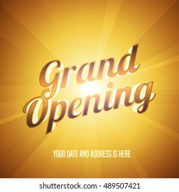 Grand opening vector illustration, background with golden lettering sign. Template banner, flyer, design element, decoration for opening event