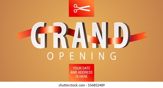 Grand opening vector illustration, background. Design element with elegant premium style sign, scissors cutting red ribbon for opening ceremony. Can be used as announcing banner