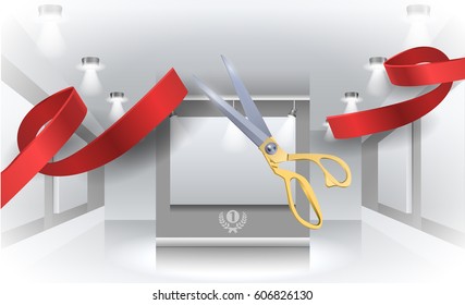 Grand opening vector illustration, background with red ribbon. Template banner, flyer, design element, decoration for opening event