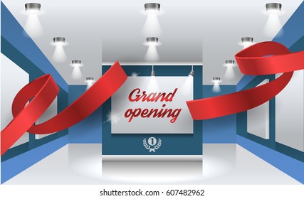 Grand opening vector illustration, background with red ribbon. Template banner, flyer, design element, decoration for opening event