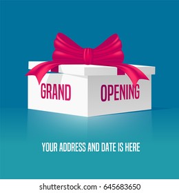 Grand opening vector illustration, background with gift box and red ribbon. Template banner, design element for opening event