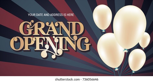 Grand opening vector illustration, background for new store with air balloon. Template banner, flyer, design element for opening event