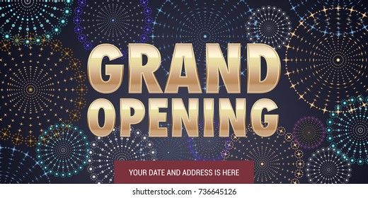 Grand opening vector illustration, background for new store, etc with firework. Template banner, design element for opening event, red ribbon cutting ceremony