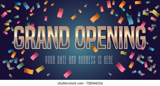Grand opening vector illustration, background with golden lettering sign. Template banner, flyer for opening ceremony 