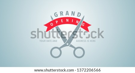 Grand opening vector illustration, background with scissors cutting red ribbon. Template banner for opening ceremony 