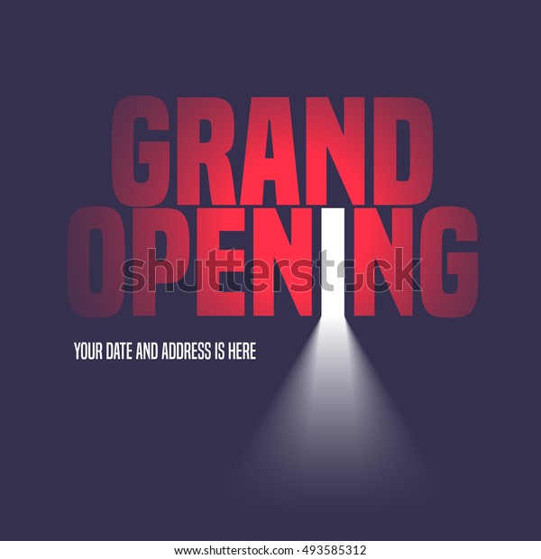 Grand opening vector illustration,\
background with open door, light and lettering sign. Template\
banner, flyer, design element, decoration for opening\
event
