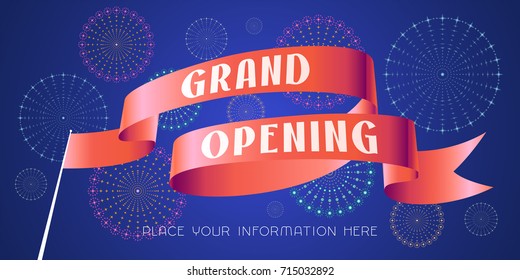 Grand opening vector illustration. Banner with red ribbon for opening ceremony