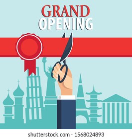 Grand opening vector illustration. Businessman cutting red ribbon