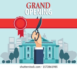 Grand opening vector illustration. Businessman cutting red ribbon