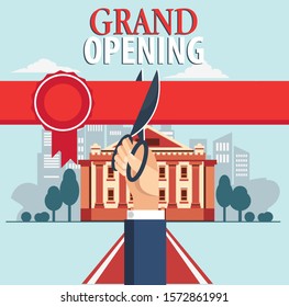 Grand opening vector illustration. Businessman cutting red ribbon