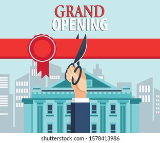 Grand opening vector illustration. Businessman cutting red ribbon