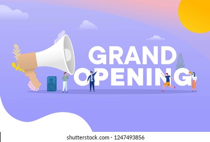 Grand opening vector illustration concept, with people shout out with big megaphone, can use for, landing page, template, ui, web, mobile app, poster, banner, flyer, wallpaper