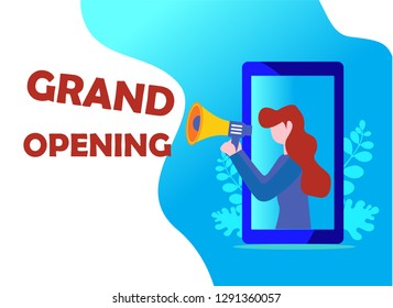Grand opening vector illustration concept, with people shout out with big megaphone, can use for, landing page, template, ui, web, mobile app, poster, banner, flyer, wallpaper - Vector