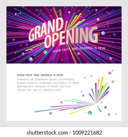 Grand opening vector illustration, invitation card for new store. Template banner, design element for opening event, red ribbon cutting ceremony 