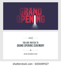 Grand opening vector illustration, invitation card for new store. Template banner, design element for opening ceremony, red ribbon cutting event 
