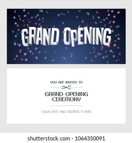 Grand opening vector illustration, invitation card for new shop. Template banner, invite for opening event, red ribbon cutting ceremony 