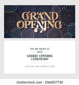 Grand opening vector illustration, invitation card for new store. Template banner, invite for opening ceremony, red ribbon cutting event with festive background 