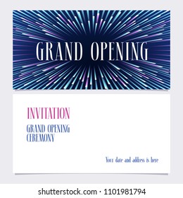 Grand opening vector illustration, invitation card for new store with bright background. Template banner, invite design for opening event, red ribbon cutting ceremony 