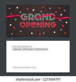 Grand opening vector illustration, invitation card for new store. Template banner, invite for opening event, red ribbon cutting ceremony 