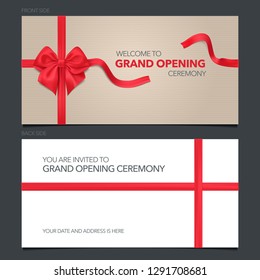 Grand opening vector illustration, invitation card. Template banner, invite with red ribbon for opening event 