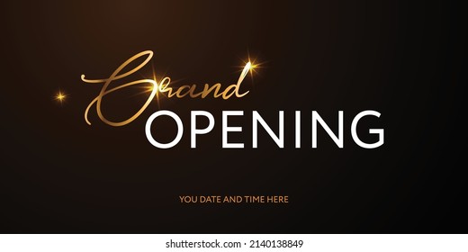 Grand opening. Vector illustration in luxury style. Gold glowing lettering on dark brown background