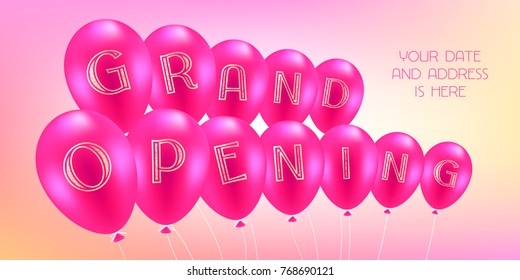 Grand opening vector illustration with pink air balloons. Template design element for store opening ceremony can be used as banner or flyer 