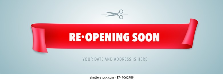 Grand opening or re opening vector illustration with red ribbon. Template design element for opening or re-opening ceremony can be used as poster