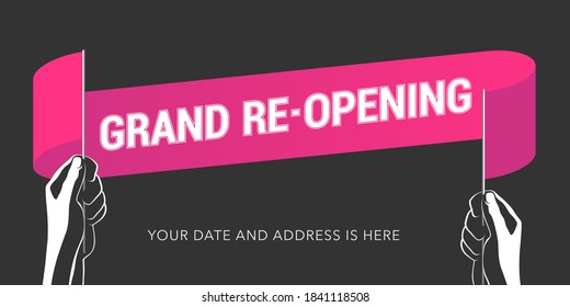Grand opening or re opening vector illustration with red ribbon. Template design element for opening or re-opening ceremony can be used as poster