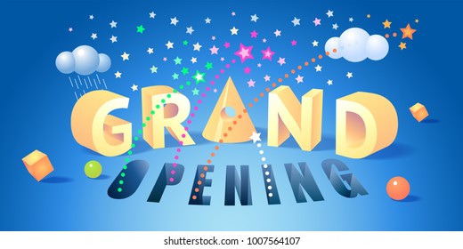 Grand opening vector illustration. Template banner with graphic background and nonstandard modern style sign for opening event 
