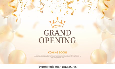 Grand opening vector illustration template. Celebration light background with balloons and confetti