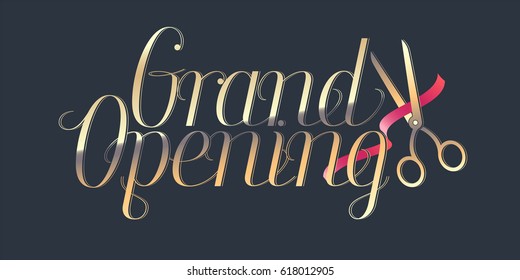 Grand opening vector illustration. Template banner with red ribbon cutting for opening event