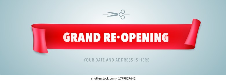 Grand opening or re opening vector illustration with wavy ribbon. Template design element for opening or re-opening ceremony can be used as banner