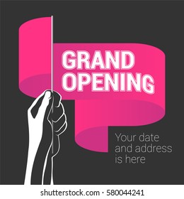 Grand opening vector illustration with wavy banner in the hand. Template design element for opening ceremony can be used as poster