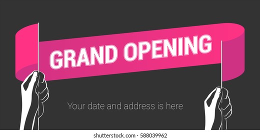 Grand opening vector illustration with wavy flag in the hand. Template design element for opening ceremony can be used as banner or poster