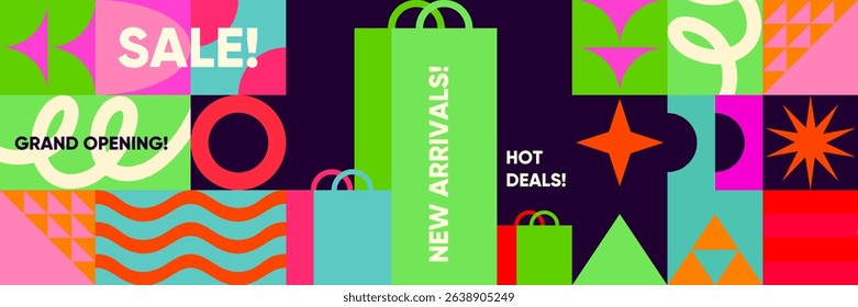 Grand opening vector promo with hot deals text, abstract shopping bags, curved lines, and vibrant shapes on a geometric banner layout.