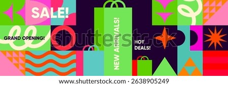 Grand opening vector promo with hot deals text, abstract shopping bags, curved lines, and vibrant shapes on a geometric banner layout.