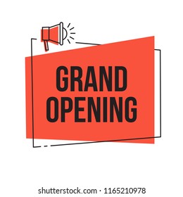 Grand opening vector red banner, flyer, poster design, marketing background template with megaphone for website, store, sale, party, club, business ad. New concept event advert. Big festive ceremony  