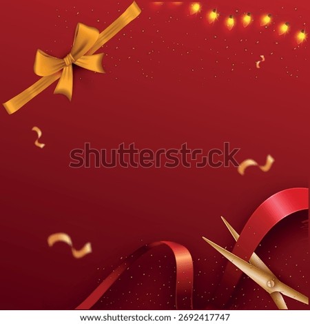Grand opening vector, red ribbon cutting, gold confetti, festive event.