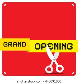 Grand Opening. Vector Red Square with Rounded Corners and Scissors Cutting Yellow Tape.