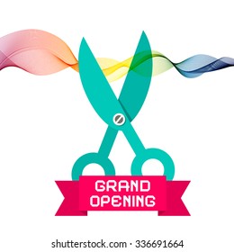 Grand Opening Vector with Scissors and Colorful Wave Ribbon on White Background