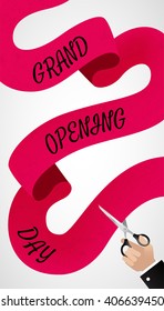 Grand opening vertical banner. Hand holding scissors and cutting red ribbon.  Flat retro style. Vector Illustration