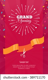 Grand opening vertical banner. Text with  firework, confetti and ribbon. Flat style. Vector Illustration