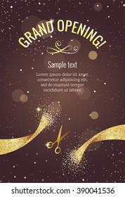 Grand opening vertical banner. Text with  confetti, golden splashes  and ribbons.Gold sparkles.  Elegant style. Vector Illustration