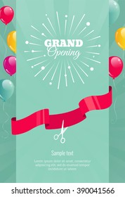 Grand opening vertical banner. Text with  firework, balloons and ribbons. Flat style. Vector Illustration