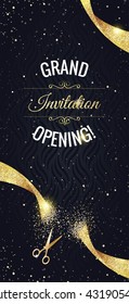 Grand opening vertical banner. Text with  confetti, golden splashes  and ribbons.Gold sparkles.  Elegant style. Vector Illustration