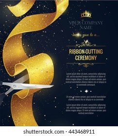 Grand opening vertical banner. Text with confetti and curving ribbon. Gold sparkles.  Elegant style. Vector Illustration